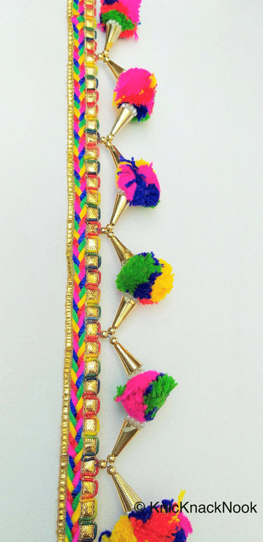 Wholesale Multicoloured Pom Pom Trim With Gold Conical Cap and White Cluster Beads, Approx. 50mm Wide - 210119L362